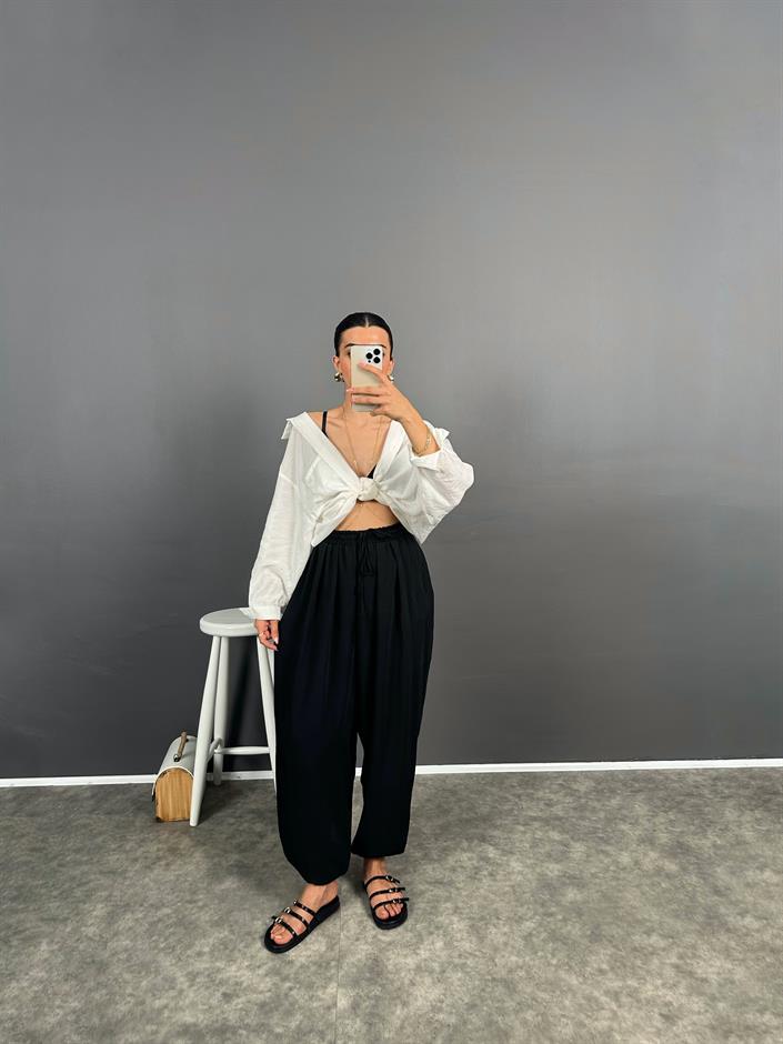 Funi Siyah Beli İpli Ayrobin Şalvar Pantolon