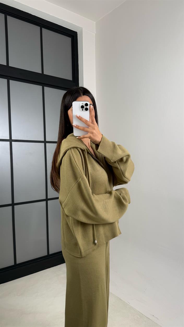 Haki Kapüşonlu Hırka Beli Lastikli Pantolon İkili Triko Takım GAUS-00564