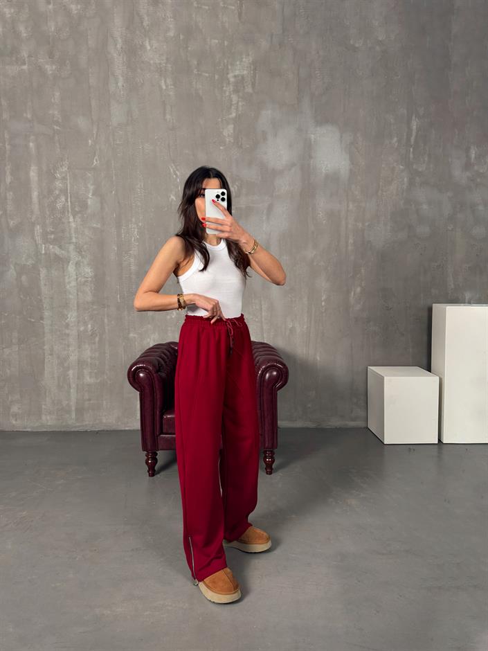 Brow Bordo Üç İplik Şardonsuz Fermuar Paçalı Eşofman Altı