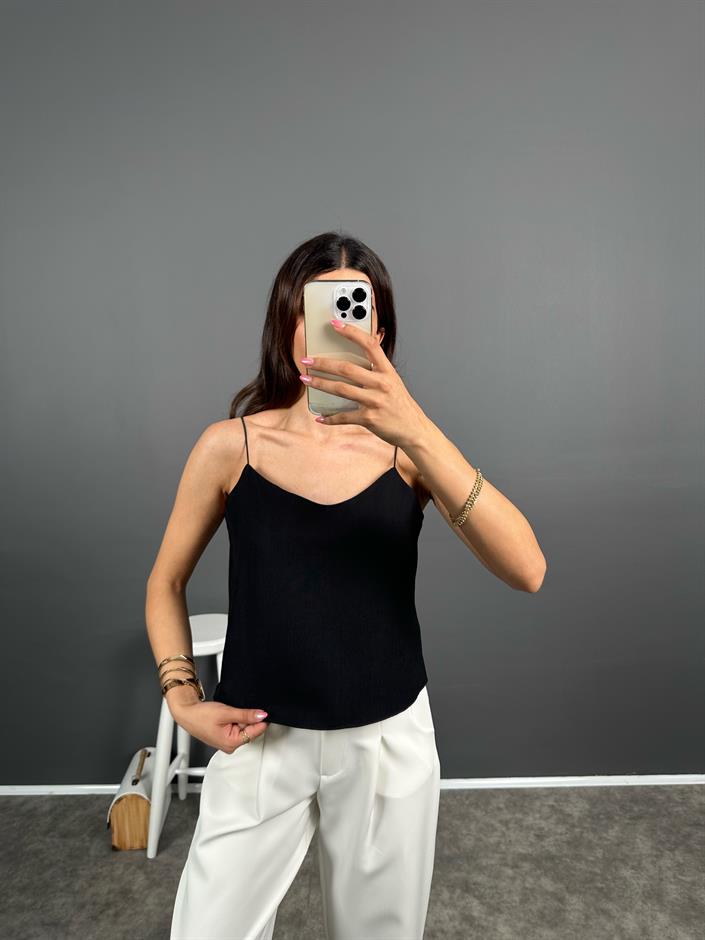 Exa Siyah Askılı Keten Crop Bluz