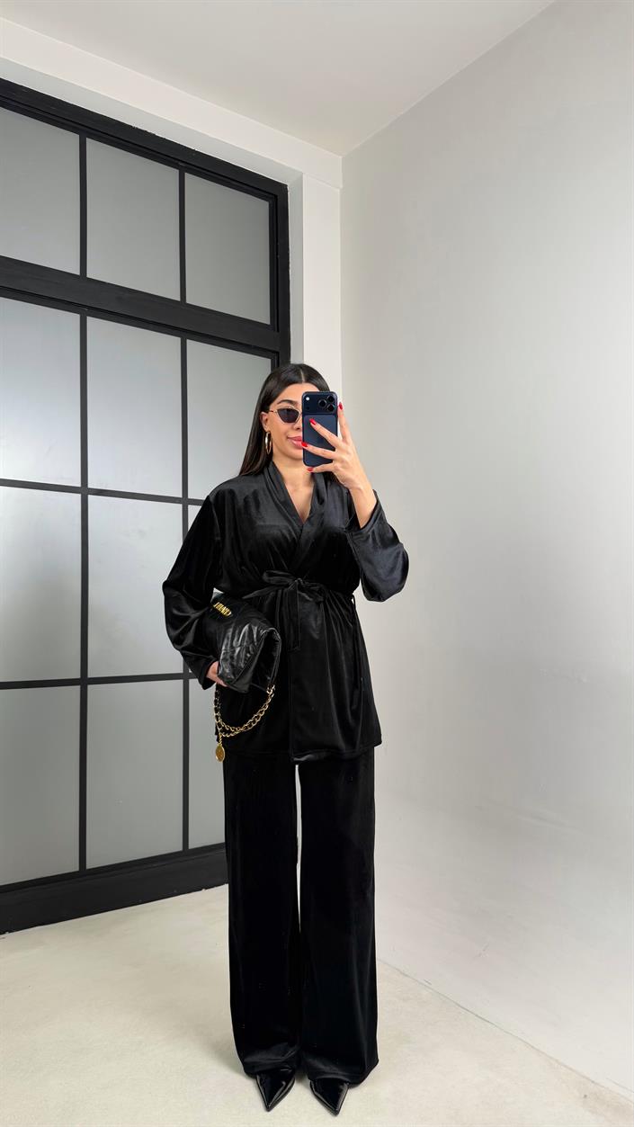 Siyah Kuşaklı Kimono Beli Lastikli Pantolon İkili Kadife Takım GAUS-01015