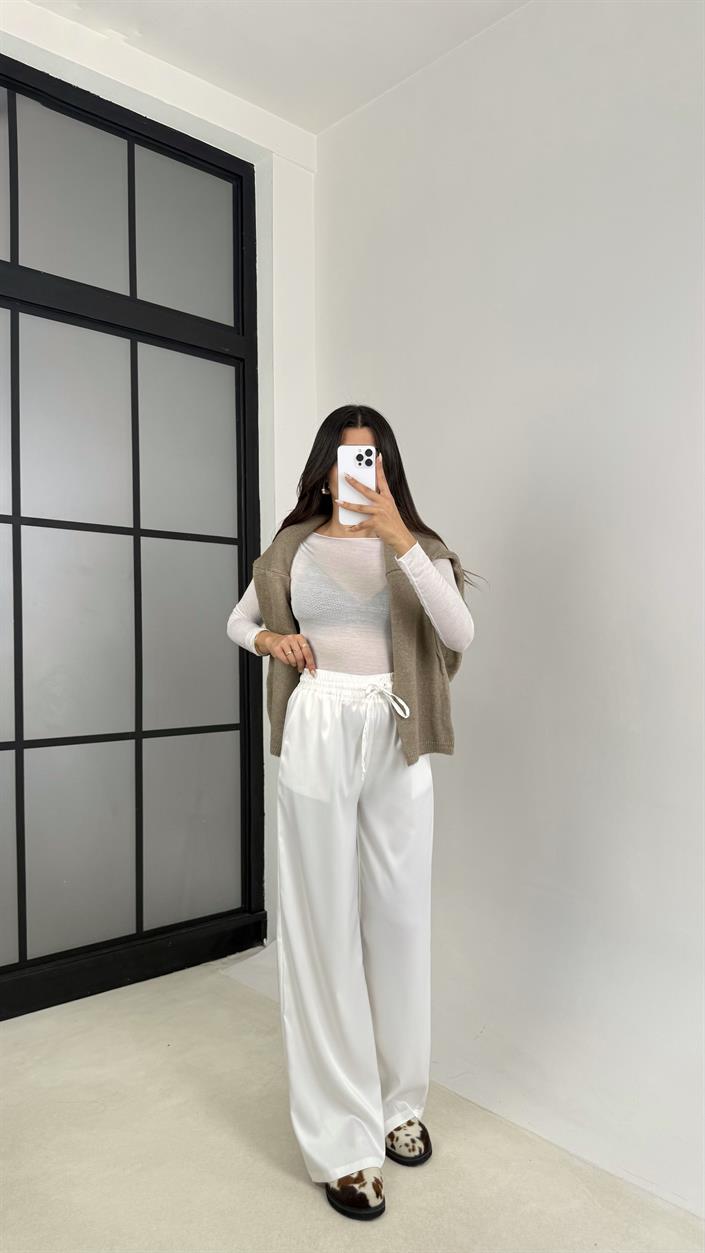 Beyaz Beli Lastikli Cepli Saten Pantolon GAUS-0090