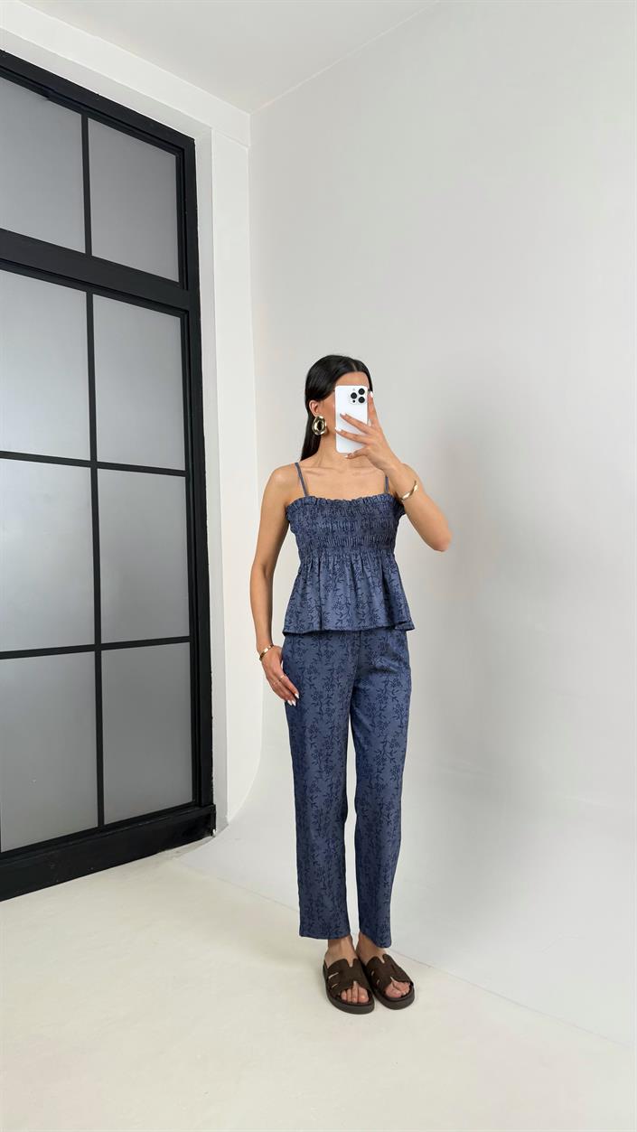 Lacivert Desenli Ayarlanabilir Askılı Gipeli Üst Beli Lastikli Pantolon Tensel Denim Takım Gaus00451