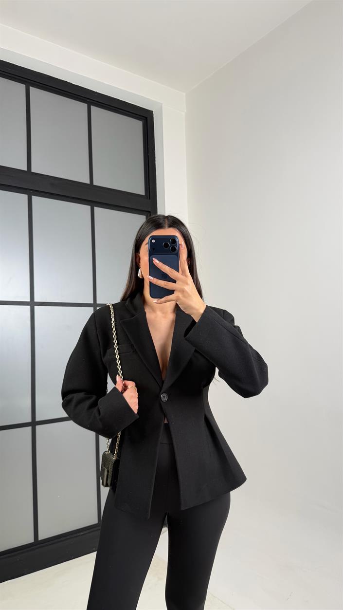 Siyah Astarlı Belden Oturtmalı Premium Kaşe Ceket GAUS-00773