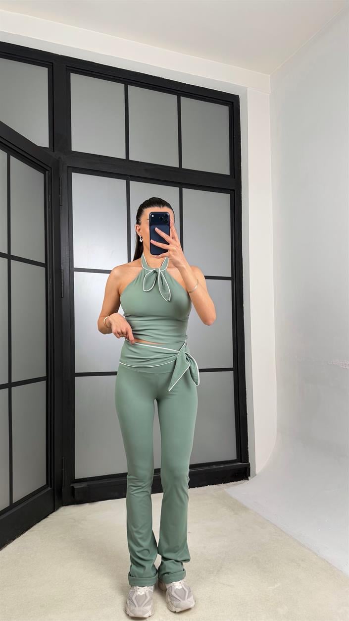 Soft Yeşil OYS Model Fiyonk Detaylı Crop Tayt Takım GAUS-01407