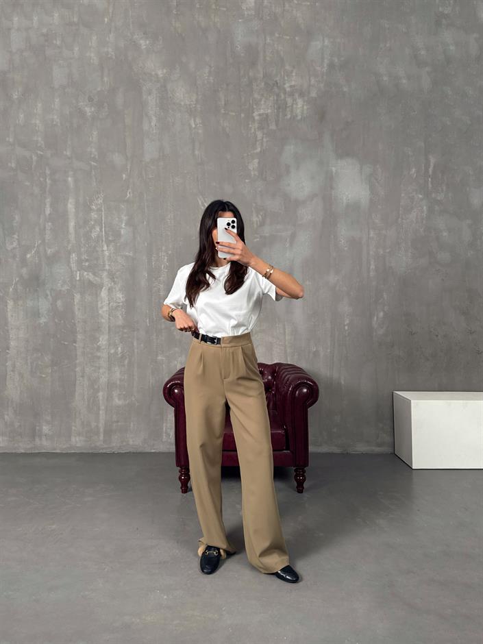 Mocha Haki Kemer Detaylı Palazzo Pantolon