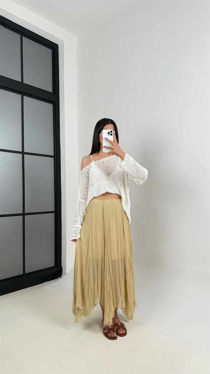 Soft Haki Astarlı Kırışık Şifon Muadil Etek Gaus00447