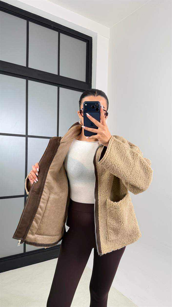 Camel Cepli Fermuarlı Peluş Mont GAUS-00602