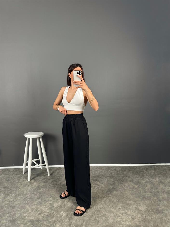 Allda Siyah İthal Kumaş Beli Lastikli Pantolon 