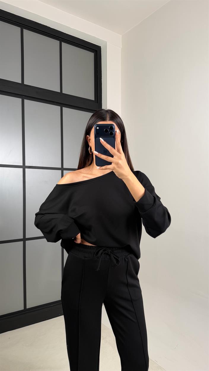 Siyah Asimetrik Yaka Beli Lastikli Çımalı Pantolon Modal Kumaş Takım GAUS-00629