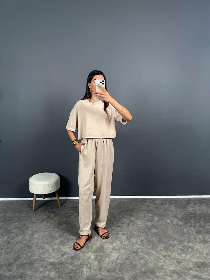 Ava Taş Yıkama Tshirt Pantolon İkili Takım 