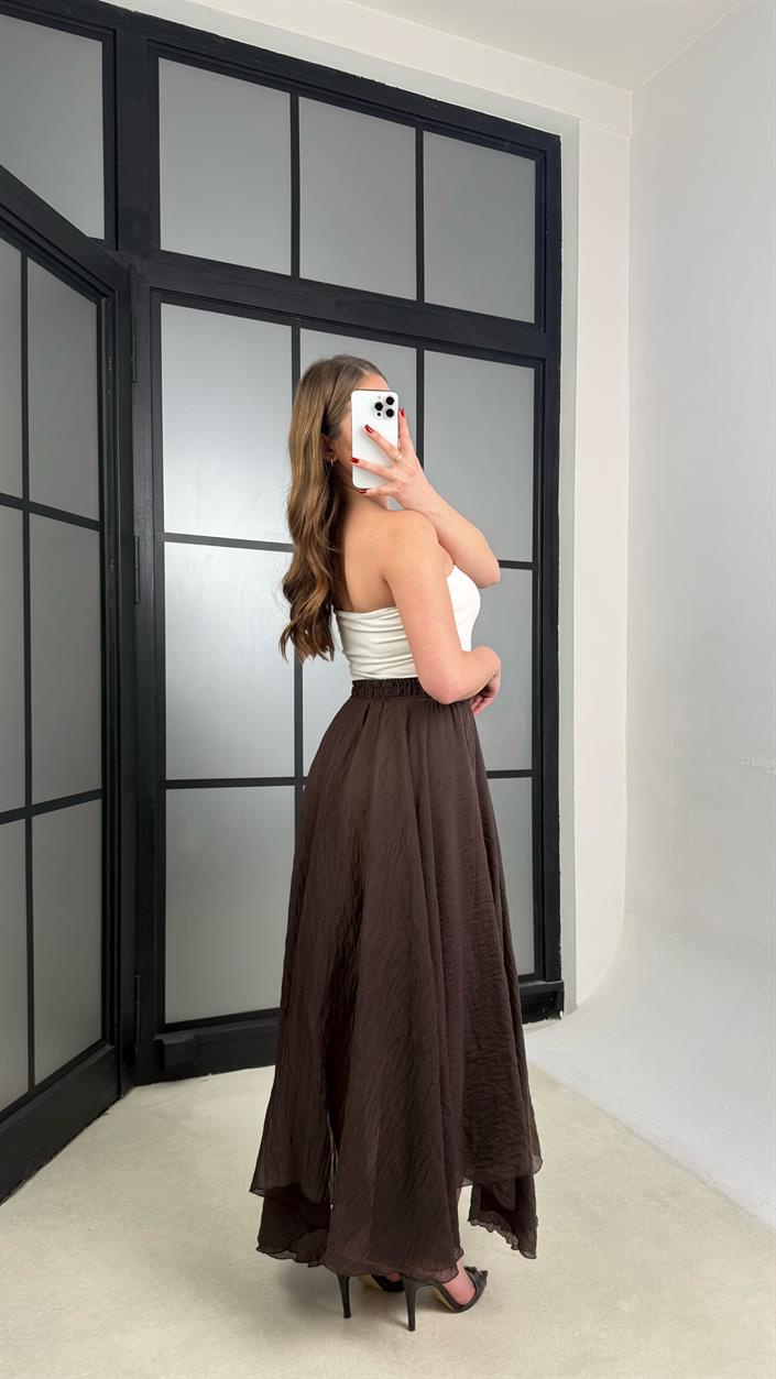 Acı Kahve Beli Lastikli Astarlı Şifon Etek GAUS-01266