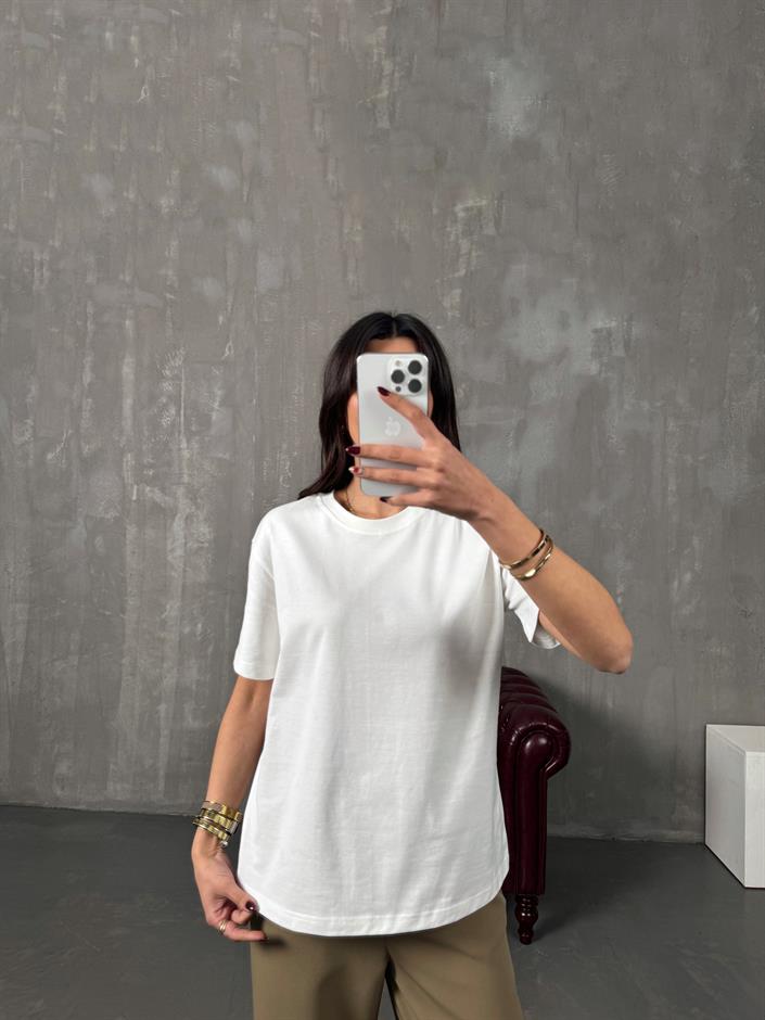 Tifi Beyaz Bisiklet Yaka Basic Tshirt