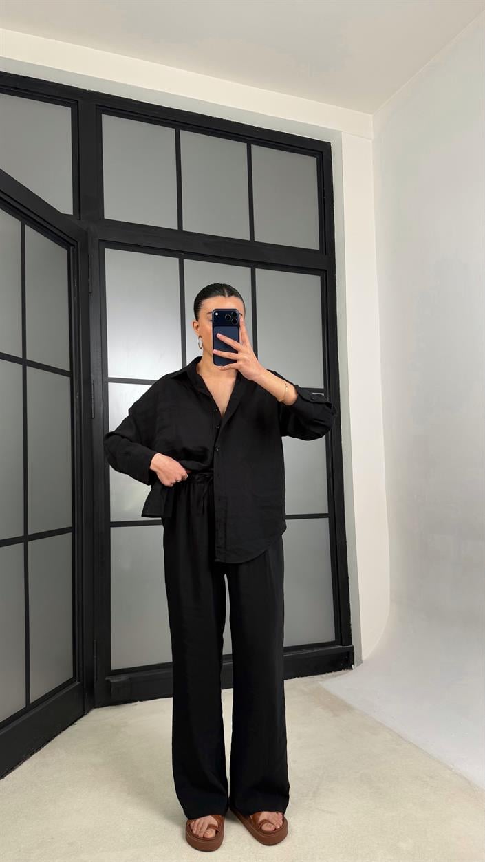 Siyah MD Muadil Gömlek Beli Lastikli Pantolon Tencel Takım GAUS-01278