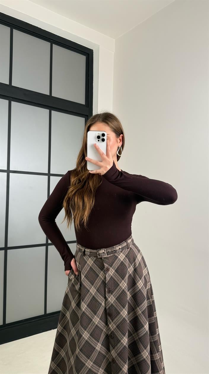 Kahve Düğmeli Kuşaklı Ekose Etek GAUS-00771