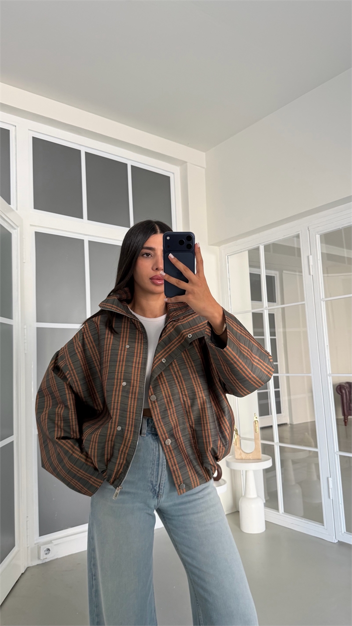 Haki Şeritli Dik Yaka Astarlı Premium Bomber Ceket GAUS-02029