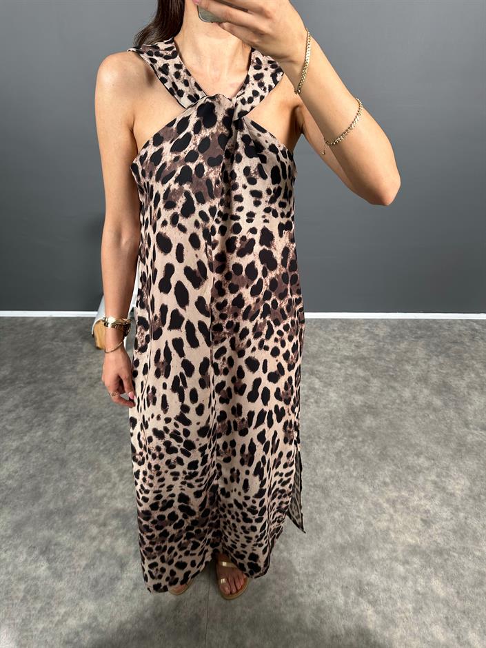 Leopar Desenli Sıfır Kol Yırtmaçlı Şifon Elbise