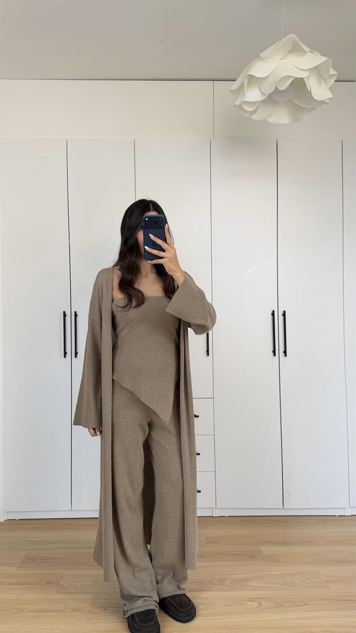 Vizon Asimetrik Crop Hırka Beli Lastikli Pantolon 3lü Triko Takım GAUS-00588