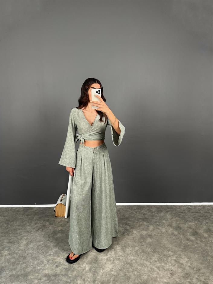 Libens Mint Yeşil Crop Bol Paça Pantolon Takım