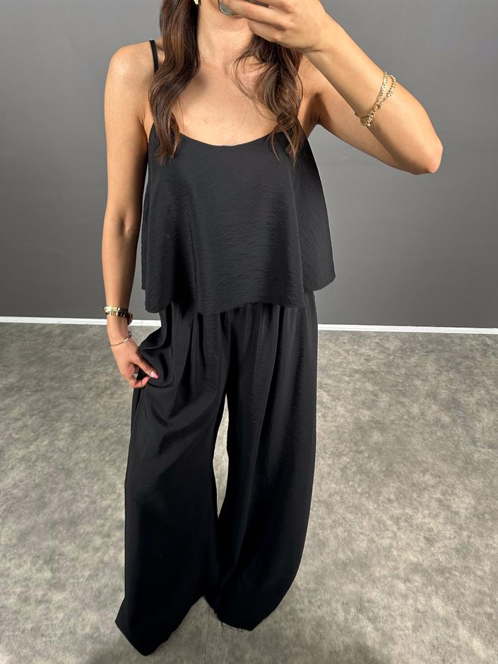 Blon Siyah İp Askılı  Crop Bluz Bol Paça Pantolon Zr Model İkili Takım