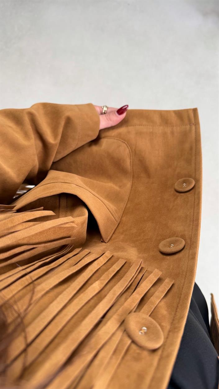 Camel Püskül Detaylı Astarlı Süet Ceket GAUS-00682