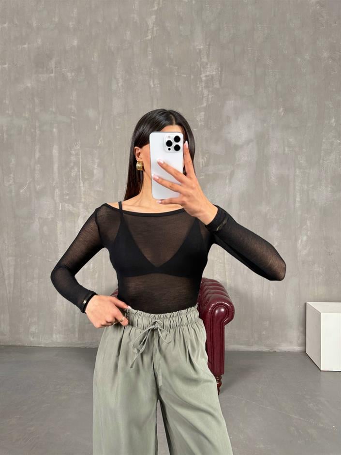 Siyah Transparan Kaşmir Dokulu Bluz Gaus00272