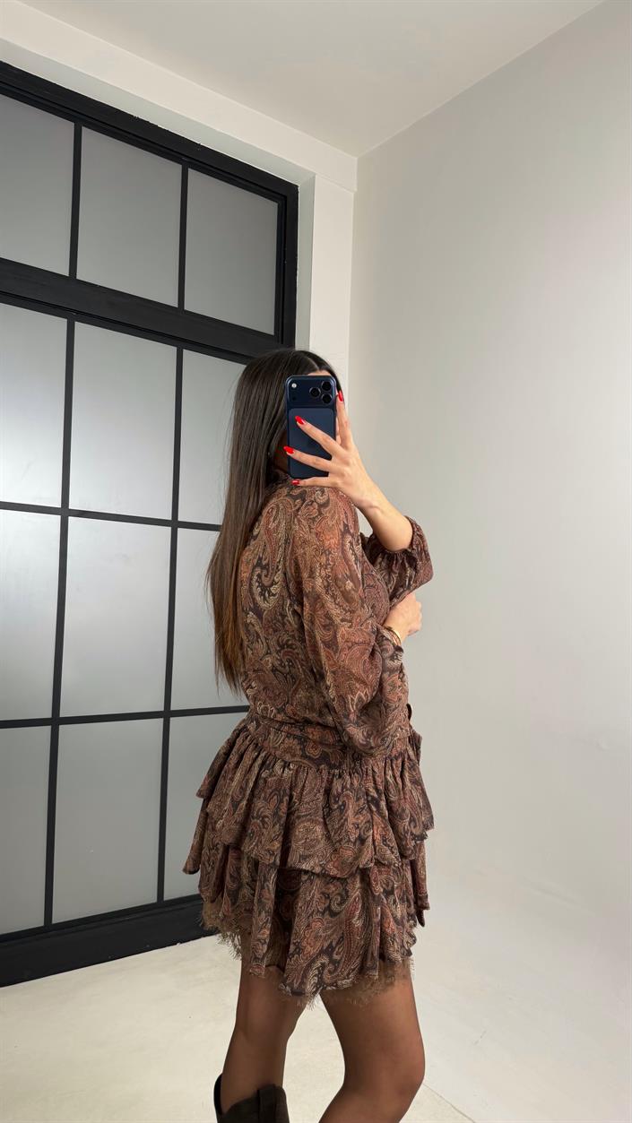 Kahve Desenli Kuşaklı Astarlı Tasarım Şifon Elbise GAUS-01007