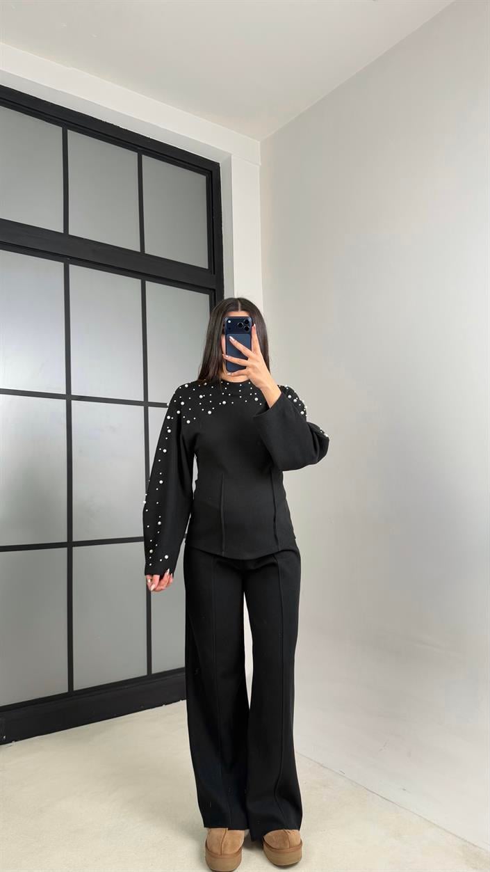 Siyah İnci İşleme Detaylı Kazak Pantolon Selanik Triko Takım GAUS-01069