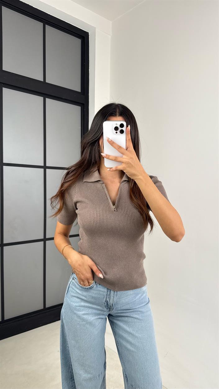 Vizon Polo Yaka Fermuar Deataylı Triko Bluz GAUS-00123