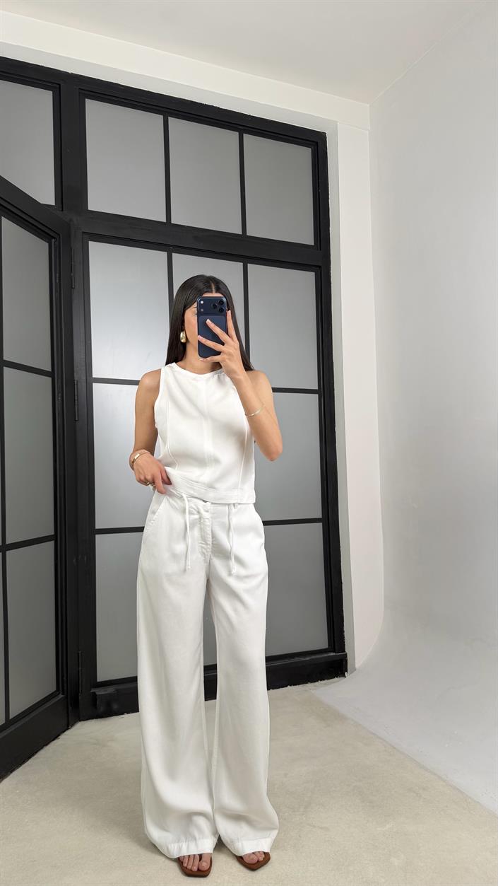 Beyaz Fermuarlı Bluz Beli Kuşaklı Pantolon İkili Denim Takım GAUS-01379 GAUS-01512