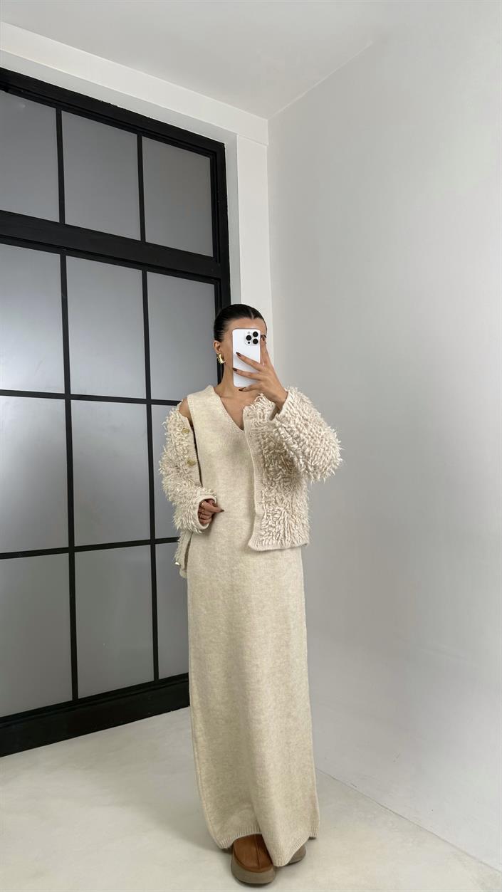 Taş Saçaklı Hırka Elbise 2li Triko Takım GAUS-00482