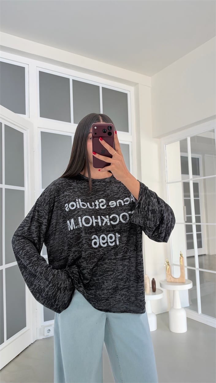 Siyah Yazı Baskılı Oversize Tshirt GAUS-02243