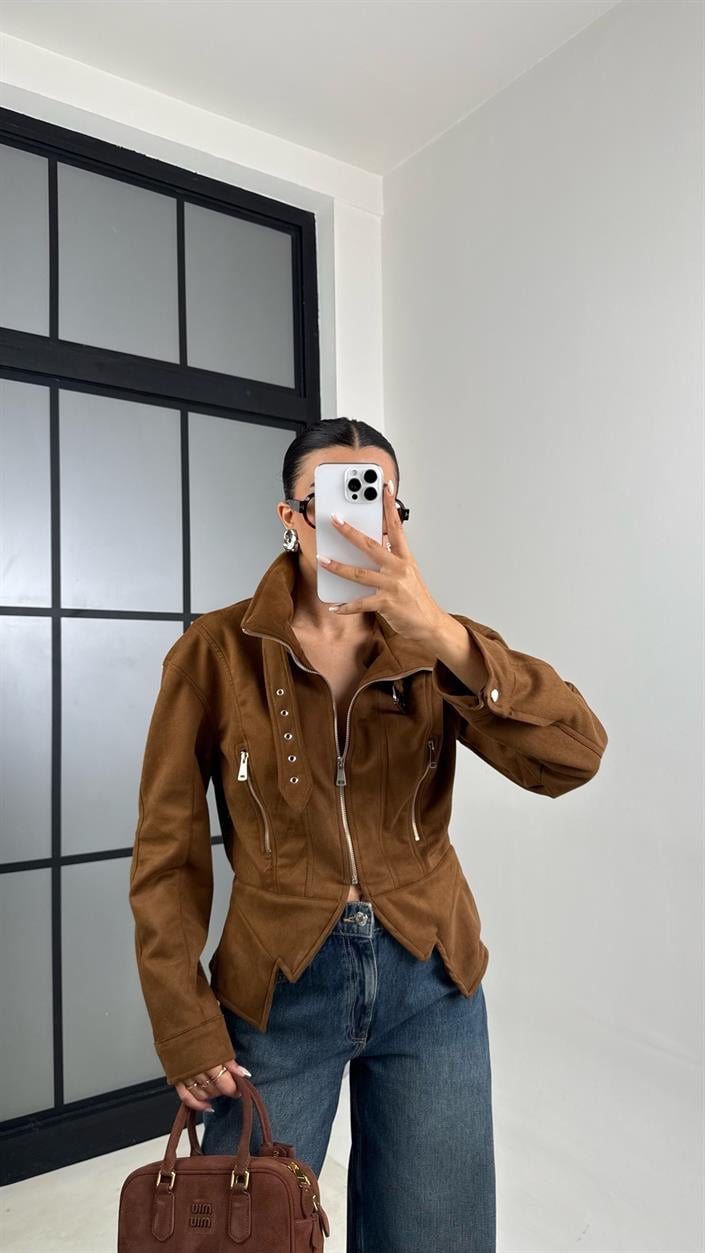 Camel Dik Yaka Kemer Detaylı Premium Süet Ceket GAUS-00519