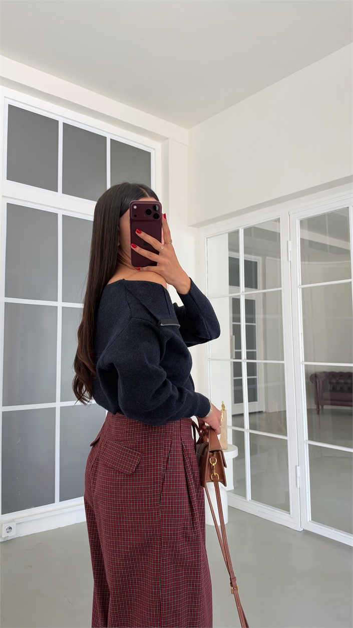 Kırmızı Paçası Ayarlanabilir Kareli Pantolon GAUS-02194