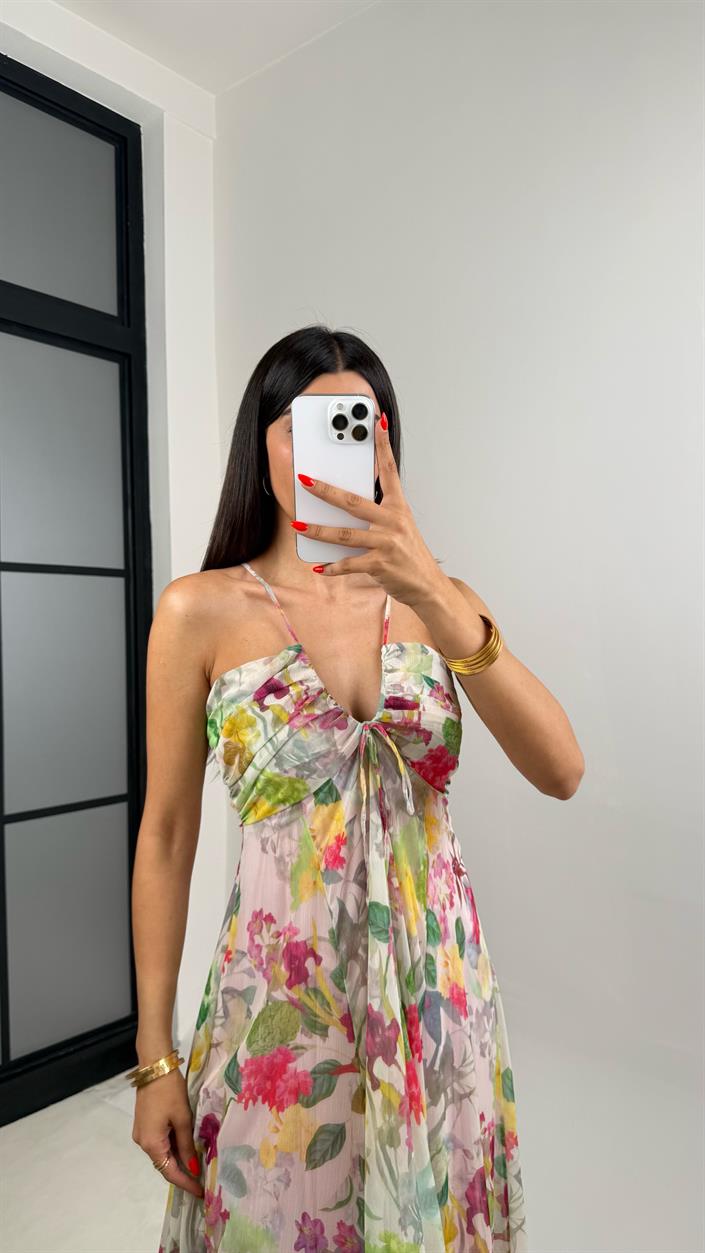 Pembe Çiçek Desenli Ayarlanabilir Askılı Astarlı Şifon Elbise GAUS-0026