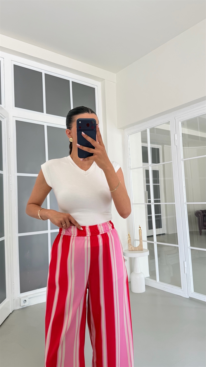 Kırmızı Beli Lastikli Şeritli Pantolon GAUS-01824