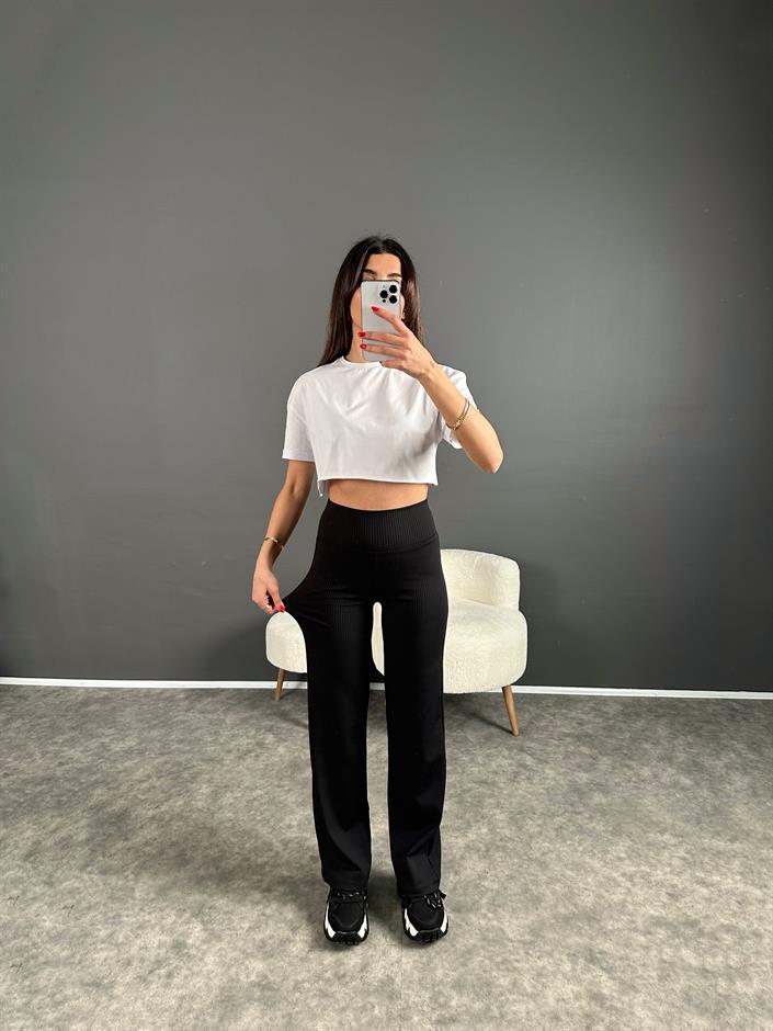 Oysh Baskılı Siyah Fitilli Pantolon 