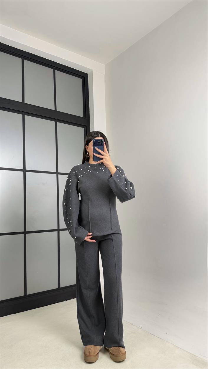 Antrasit İnci İşleme Detaylı Kazak Pantolon Selanik Triko Takım GAUS-01069