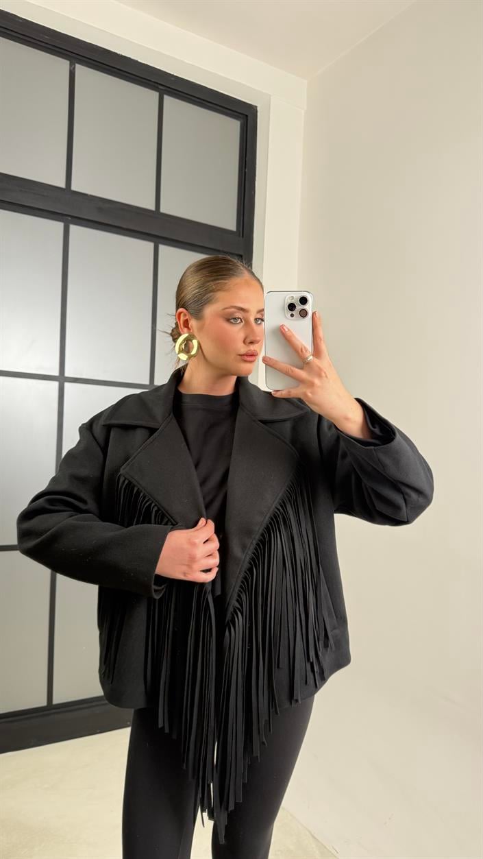 Siyah Püskül Detaylı Astarlı Kaşe Ceket GAUS-00622