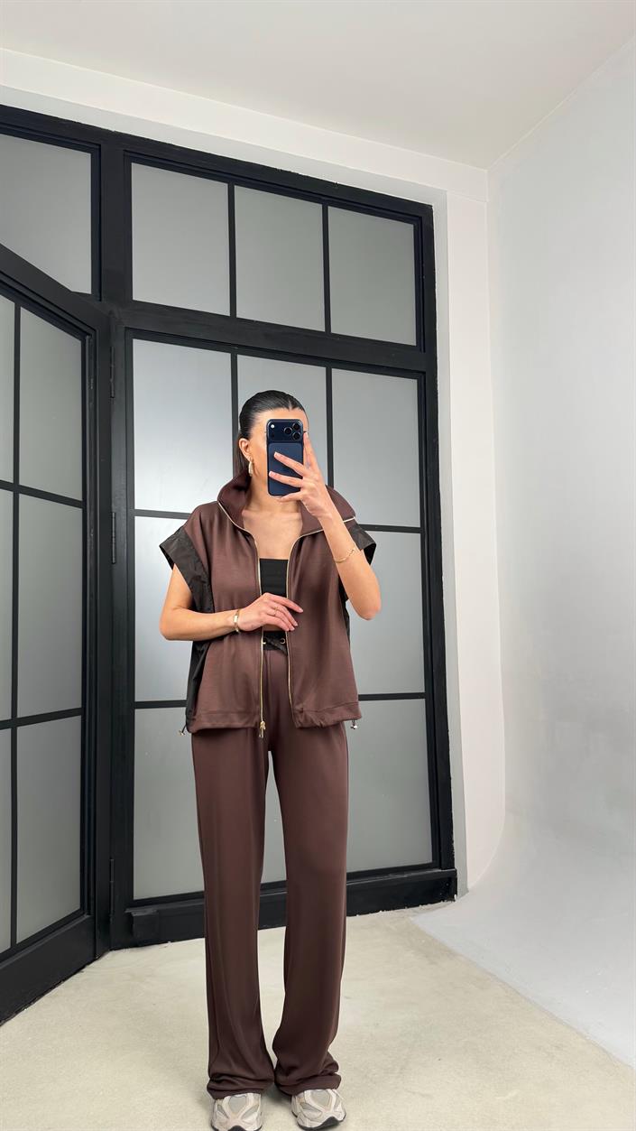 Kahve Paraşüt Kumaş Detaylı Yelek Pantolon İkili Modal Kumaş Takım GAUS-01369
