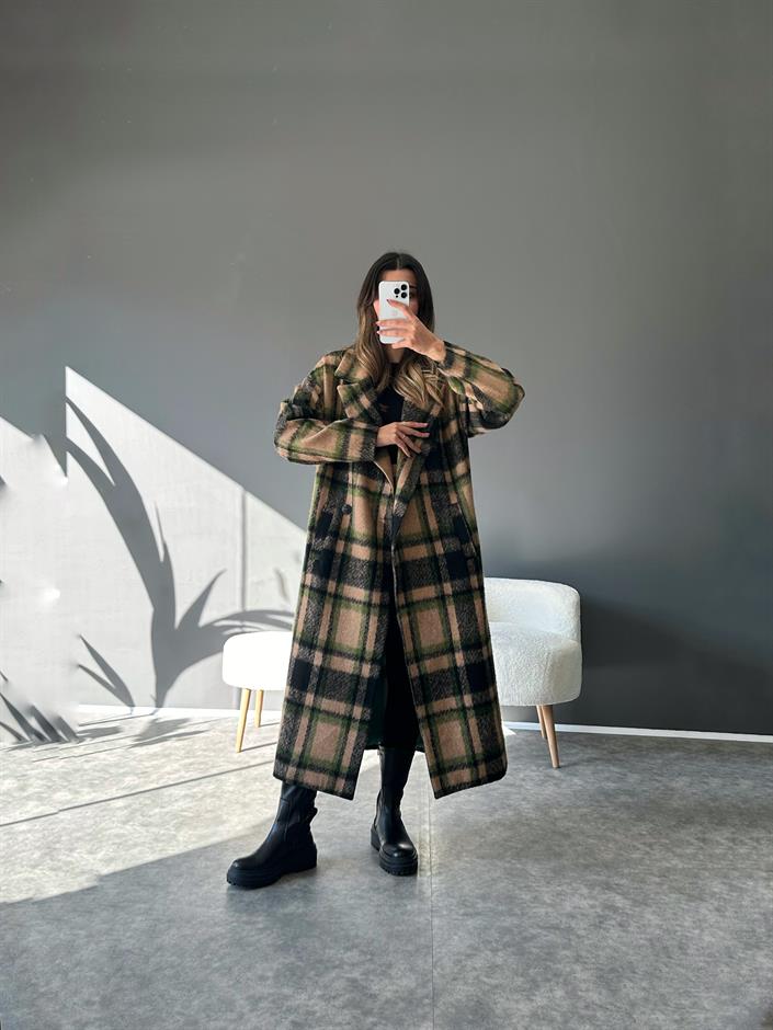 Premium Yeşil Ekose Astarlı Uzun Kaban