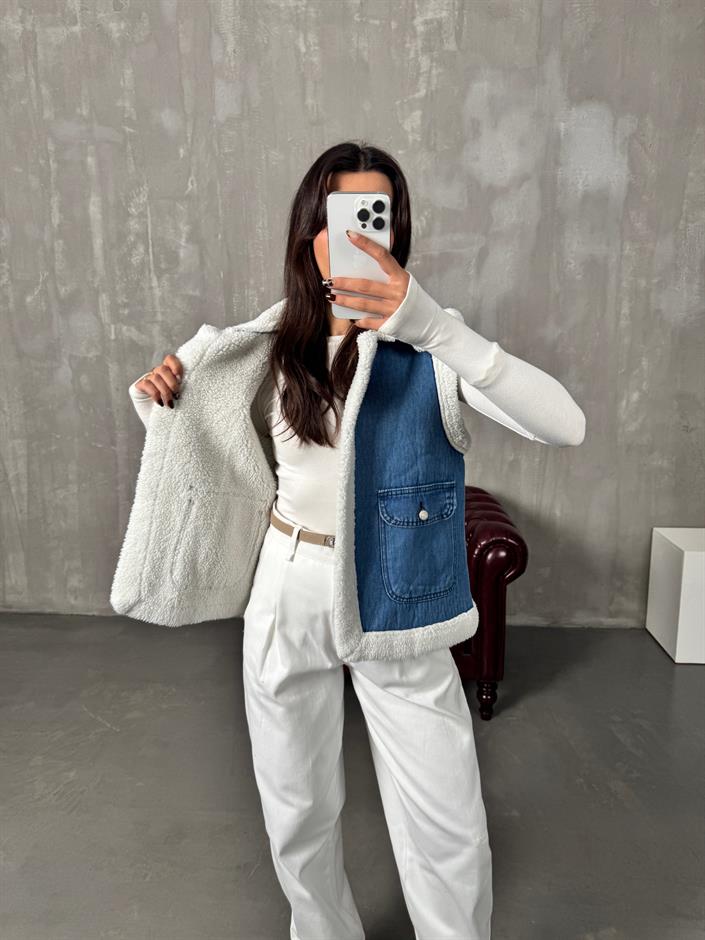 FT Mavi Denim İçi Kürklü Kot Yelek