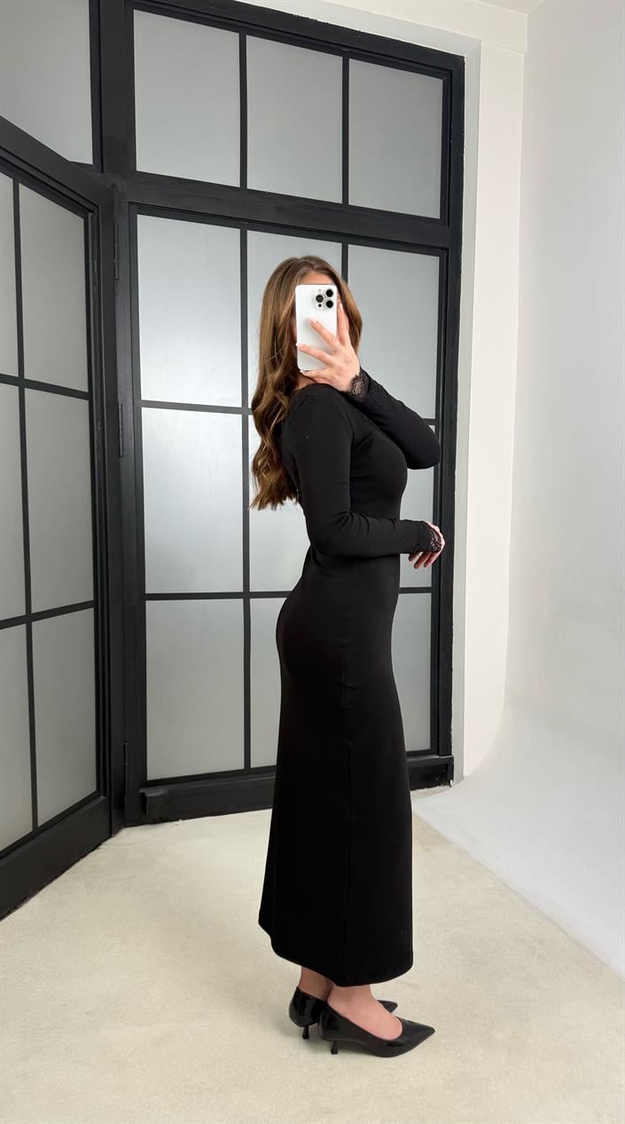 Siyah Dantel Detaylı Likralı Elbise GAUS-01190