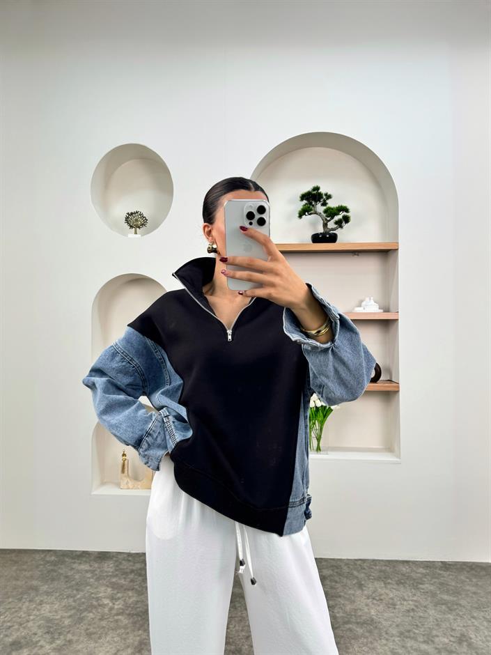 Mw Siyah Denim Detaylı Fermuarlı Sweatshirt