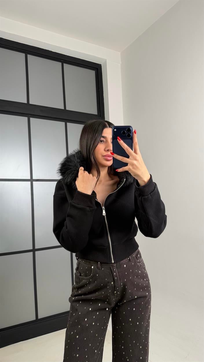 Siyah Kürk Yakalı Şardonlu Premium Sweatshirt GAUS-00959