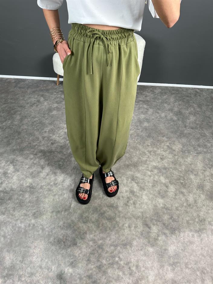 Yeşil Paçası Fermuarlı Şalvar Pantolon