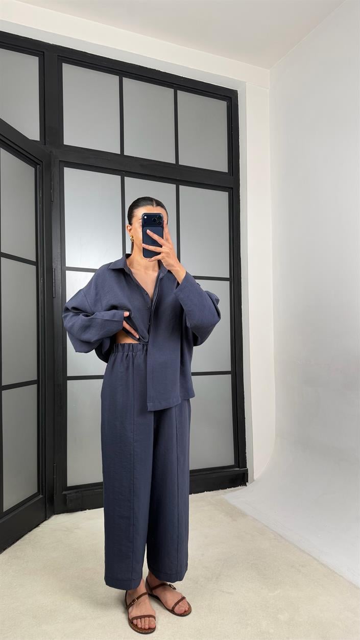 Lacivert Gömlek Beli Lastikli Pantolon Premium Tencel Kumaş Takım GAUS-01525
