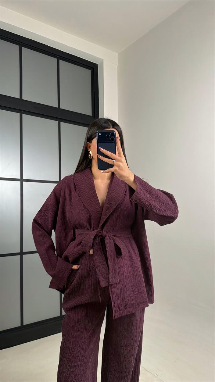 Mürdüm Kimono Beli Lastikli Pantolon İkili Muadil Takım GAUS-01113
