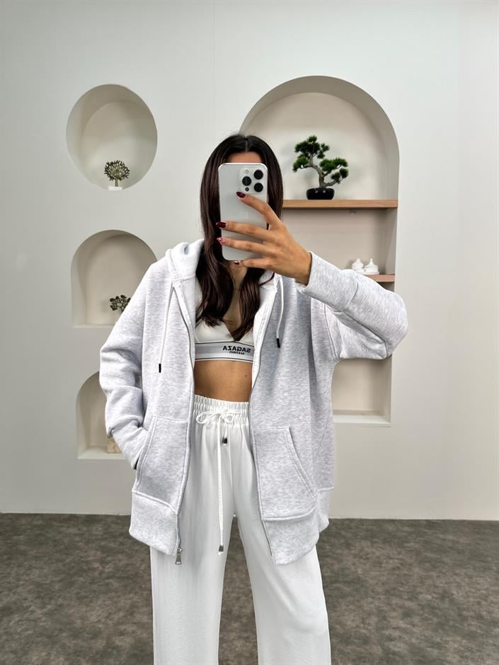 Khloe Gri Üç İplik Şardonlu Kapüşonlu Fermuarlı Sweatshirt