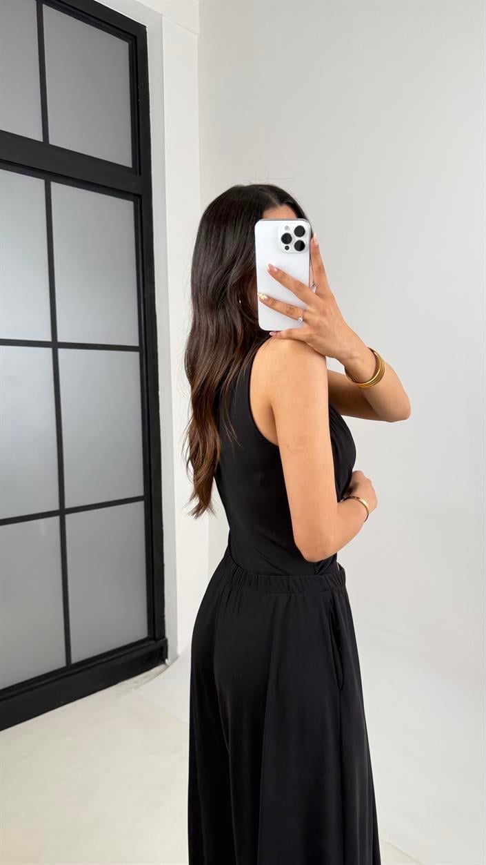 Siyah Oys Muadil Dekolteli Beli Lastikli Cepli Modal Kumaş Tulum Gaus00648